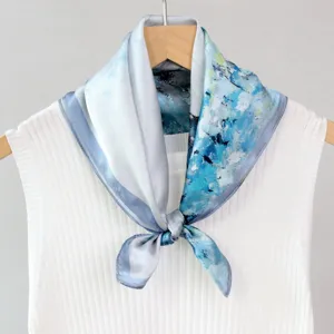 Blue oil painting silk square scarf detail, elegant artistic design for women neck wear styling.