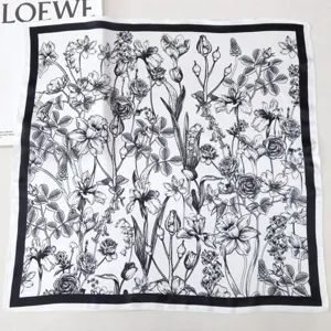 Black and white botanical print silk square scarf, elegant 55cm floral neckerchief for women.