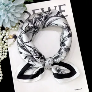100% Mulberry Silk Square Scarf Black White Floral Neck Scarf Luxury Elegant Hair Band