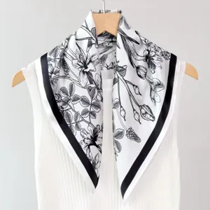 Black and white floral print pure silk square scarf, versatile decorative neck accessory.