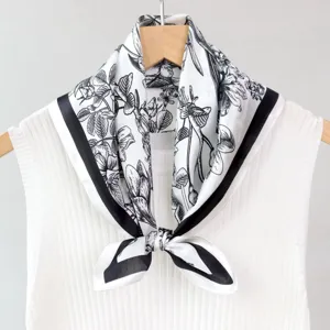 Black and white floral print silk square scarf, elegant neckerchief for women daily wear.