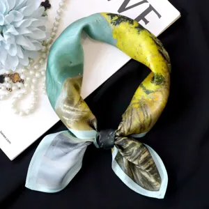 Silk small square scarf oil painting art style green yellow neckerchief women accessories 55cm