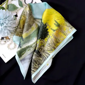 Exquisite silk scarf close-up, artistic landscape watercolor print, smooth satin finish detail.