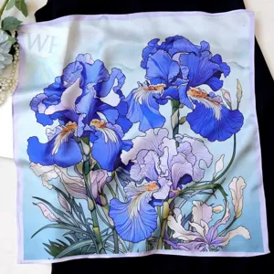 Luxurious 100% silk square scarf featuring vibrant blue iris oil painting design for women.