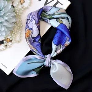 Floral silk square scarf, artistic oil painting design neckerchief for women fashion styling.
