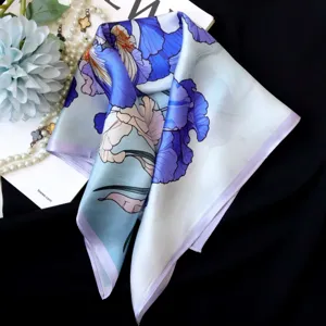 Silk square scarf with artistic blue iris floral pattern, elegant satin neckerchief for women.