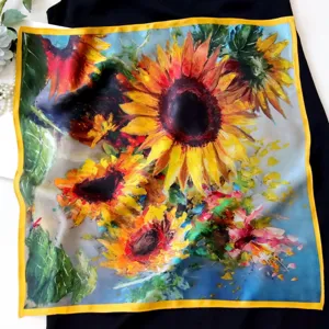 Silk sunflower square scarf art print neckerchief chic women fashion accessory yellow border