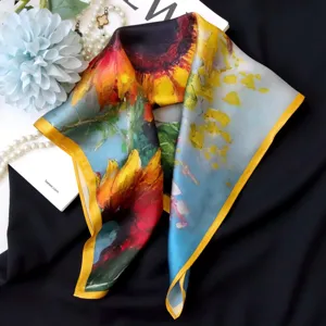 Silk square scarf with oil painting sunflower print, elegant neckerchief accessory for women.
