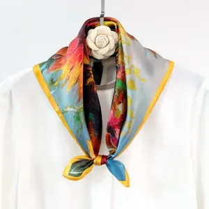 Oil painting style 55cm pure silk square scarf, elegant floral neckerchief for women.