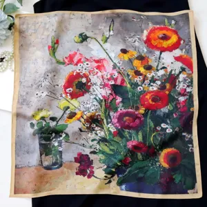 Oil painting floral print silk square scarf women elegant decorative neckerchief accessory