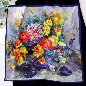 Silk square scarf featuring a vibrant oil painting floral still life art print design elegant.