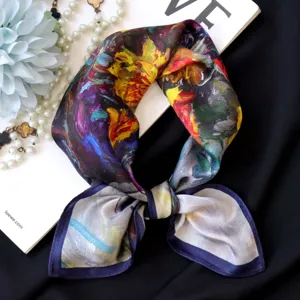 Oil painting silk scarf for women 55cm luxury square neckerchief elegant floral fashion accessory
