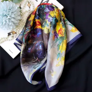 Detail shot of oil painting floral silk square scarf, soft satin finish, luxury accessory.