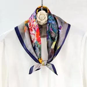 Silk square scarf with vibrant oil painting art print, elegant neck accessory for women.