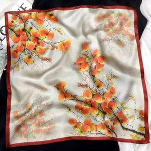 Elegant 55cm pure mulberry silk small square scarf featuring a retro oil painting fruit print.