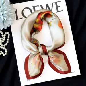 Silk square scarf with oil painting floral print, elegant small neckerchief accessory.