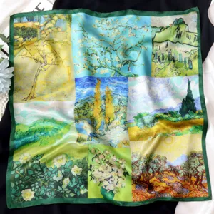 Detailed view of the 55cm silk square scarf featuring classic Van Gogh oil painting prints.
