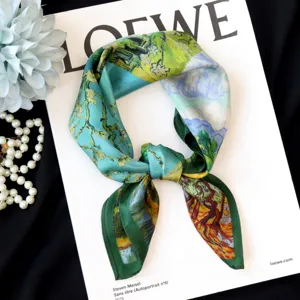 Silk scarf featuring artistic oil painting print, elegant small neckerchief accessory.