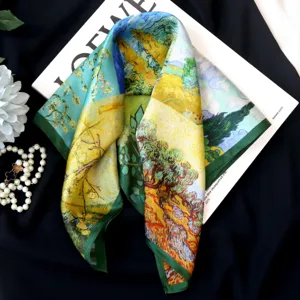 Artistic oil painting print silk square scarf, exquisite texture and elegant detail display.