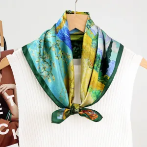 Exquisite silk square scarf featuring classic oil painting print, elegant green border detail.