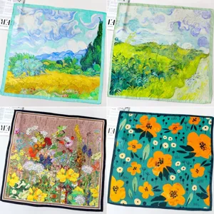 Women Mulberry Silk Square Scarf Artistic Oil Floral Print Satin Neck Scarf Versatile Fashion Decorative Head Scarf