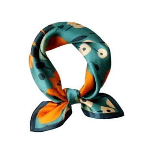 Green silk scarf with artistic floral print, elegant satin neckerchief for women.
