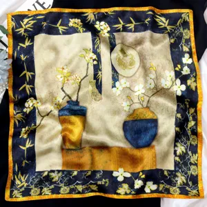Pure mulberry silk small square scarf, retro oil painting floral art design, elegant neckerchief.