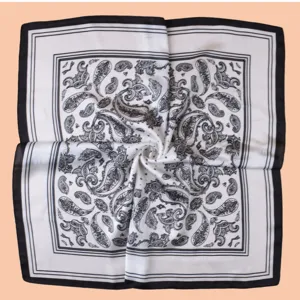 Foulard carre elegant imprime paisley noir et blanc, foulard en satin de 70 cm pour femmes.