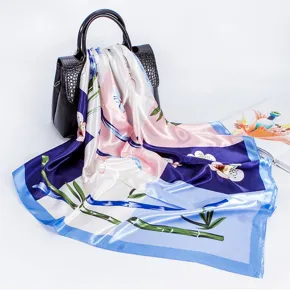 Elegant 90cm satin silk scarf for women, featuring a stunning floral and bamboo print.