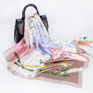 Elegant 90cm satin silk scarf with floral and bamboo print, perfect women's fashion accessory.