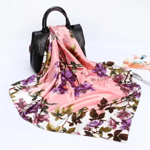 Elegant 90cm pink floral satin silk scarf for women, featuring stylish English letter prints.