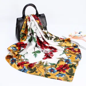 90cm women's satin floral print silk scarf luxury elegant square shawl for daily wear