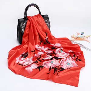 90cm Red Satin Floral Silk Scarf Women Elegant Flower Print Shawl Fashion Neck Kerchief