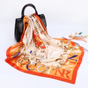 Elegant 90cm satin silk scarf featuring luxury chain and letter print, perfect for women.