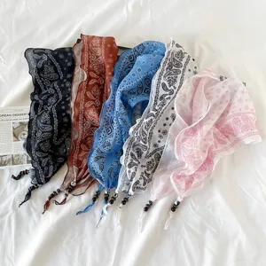 Vintage paisley print cotton linen triangle scarf women bandana stylish hair band set