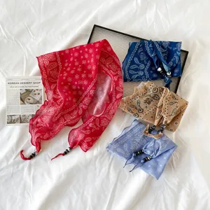 Cotton linen vintage paisley pattern triangular scarf bandana hair accessory detail