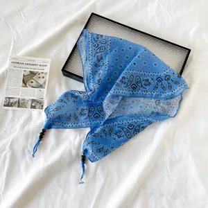 Blue paisley print cotton linen triangle headscarf vintage hair bandana with chic bead fringe.