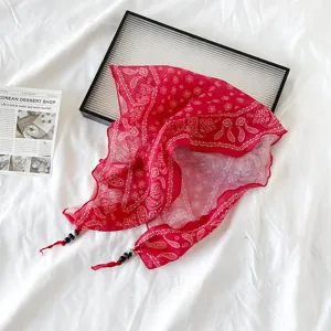 Red paisley print cotton linen triangular scarf retro bandana hair band accessory.