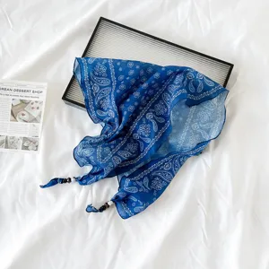 Retro paisley print cotton linen triangular scarf with bead tassels for women, versatile hair band.
