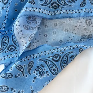 Vintage blue paisley print cotton blend triangular scarf, chic retro hair band and headwear.