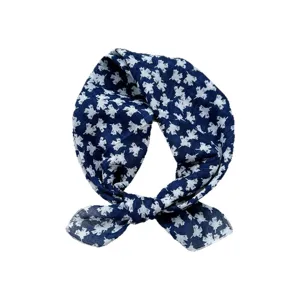 Blue cotton small square scarf headscarf with white floral pattern main view display.