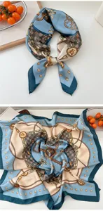 Silk square scarf with vintage chain print and cute bear design, perfect for neck or hair styling.