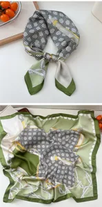 Detailed view of green square silk scarf featuring chic belt and rope print design.