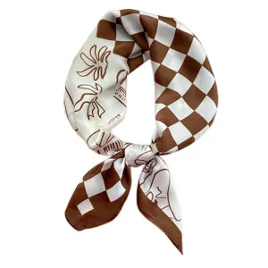 Elegante foulard quadrato in seta a quadri marrone e bianco da donna, versatile.