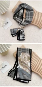Foulard étroit en soie motif pied-de-poule et rose, élégant ruban de cheveux et long foulard.