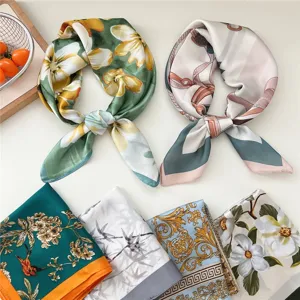 Women Fashion Satin Square Scarf Vintage Floral Printed Headband Neckerchief Elegant Hair Band Neck Scarf For Daily Wear