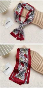 Élégant foulard en soie étroit à bord rouge, long ruban imprimé floral pour femme chic.