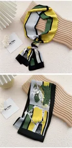 Écharpe twilly en soie à imprimé cheval géométrique chic, idéale pour cou, cheveux ou sac.