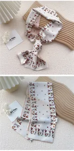 Chic foulard en soie long et etroit imprime lapin et fleurs ruban polyvalent pour femmes.