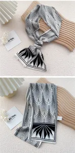 Écharpe fine géométrique noire et blanche, élégant long ruban twilly pour cou de femme.